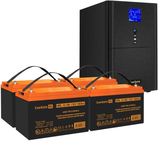 Комплект ИБП EX295991RUS + батарея 100Aч EX285656RUS 4шт (инвертор, синус, для котла) ExeGate SineTower SZ-5000.LCD.AVR.2SH.1C13.T.RJ.USB <5000VA/4000W, чистый синусоида, LCD дисплей, AVR, 2*Schuko+1*C13+клеммы, RJ45/11, USB, линейно-интерактивный, Black> + батарея ExeGate HRL 12-100 (12В, 100Ач) 4шт