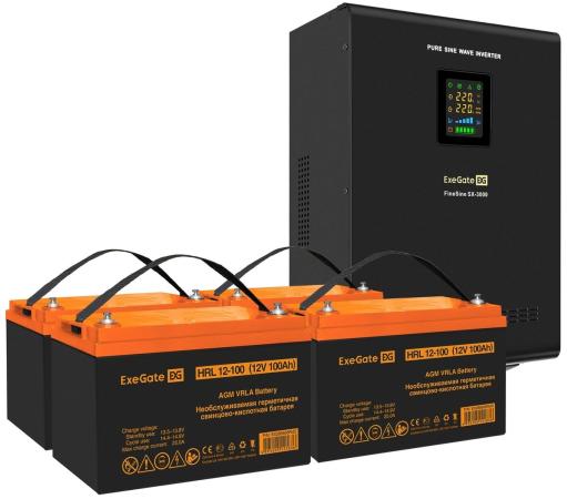 Комплект ИБП EX296003RUS + батарея 100Aч EX285656RUS 4шт (инвертор, синус, для котла, настенный) ExeGate FineSine SX-3000.LCD.AVR.2SH.T <3000VA/2100W, чистая синусоида, цветной LCD-дисплей, AVR, 2*Schuko+клеммы, линейно-интерактивный, крепление настенное, Black> + батарея ExeGate HRL 12-100 (12В, 100Ач) 4шт