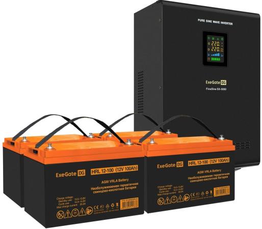 Комплект ИБП EX296004RUS + батарея 100Aч EX285656RUS 4шт (инвертор, синус, для котла, настенный) ExeGate FineSine SX-5000.LCD.AVR.2SH.T <5000VA/3500W, чистая синусоида, цветной LCD-дисплей, AVR, 2*Schuko+клеммы, линейно-интерактивный, крепление настенное, Black> + батарея ExeGate HRL 12-100 (12В, 100Ач) 4шт