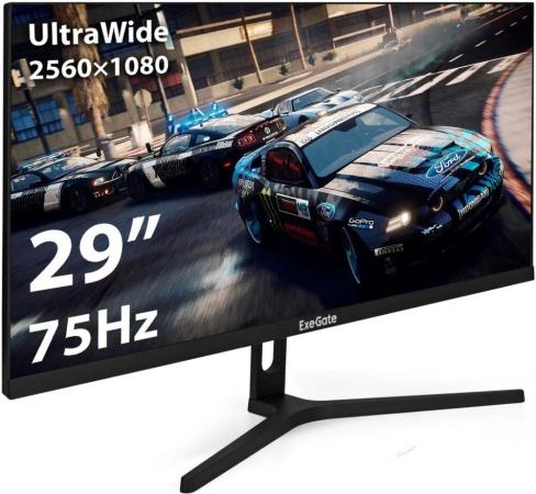 Монитор безрамочный с аудио 29" ExeGate SmartView ES1500 (IPS LED Grade A+, 2560x1080@75Гц, 21:9, 300cd/m2, 1000:1, 178°/178°, 1ms, HDMI, DisplayPort, USB, аудио-выход, RGB-подсветка, FreeSync, Flicker-free, Low Blue Light, кабель HDMI 1.5м, VESA, регулировка наклона экрана, черный)