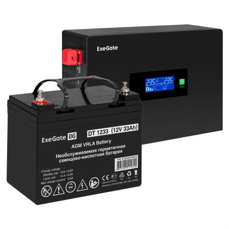 Комплект ИБП EX295992RUS + батарея 33Aч EX282974RUS 1шт (инвертор, синус, для котла, PF=1, настенный) ExeGate IdealSine SR-600.LCD.2SH <600VA/600W, чистая синусоида, цветной LCD-дисплей, 2*Schuko, крепление настенное, Black> + батарея ExeGate DT 1233 (12В, 33Ач) 1шт