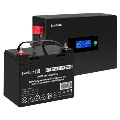 Комплект ИБП EX295993RUS + батарея 33Aч EX282974RUS 1шт (инвертор, синус, для котла, PF=1, настенный) ExeGate IdealSine SR-1000.LCD.2SH <1000VA/1000W, чистая синусоида, цветной LCD-дисплей, 2*Schuko, крепление настенное, Black> + батарея ExeGate DT 1233 (12В, 33Ач) 1шт
