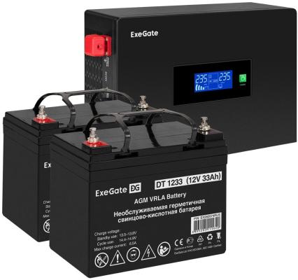 Комплект ИБП EX295994RUS + батарея 33Aч EX282974RUS 2шт (инвертор, синус, для котла, PF=1, настенный) ExeGate IdealSine SR-1500.LCD.2SH <1500VA/1500W, чистая синусоида, цветной LCD-дисплей, 2*Schuko, крепление настенное, Black> + батарея ExeGate DT 1233 (12В, 33Ач) 2шт