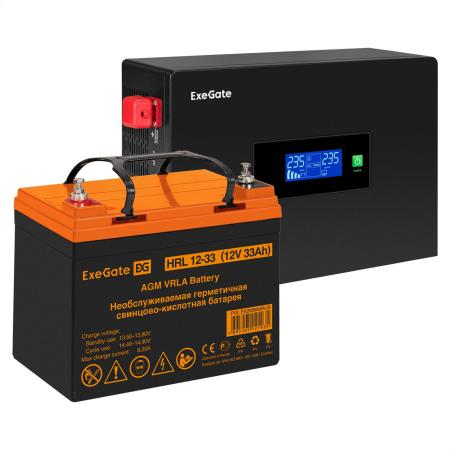 Комплект ИБП EX295992RUS + батарея 33Aч EX285664RUS 1шт (инвертор, синус, для котла, PF=1, настенный) ExeGate IdealSine SR-600.LCD.2SH <600VA/600W, чистая синусоида, цветной LCD-дисплей, 2*Schuko, крепление настенное, Black> + батарея ExeGate HRL 12-33 (12В, 33Ач) 1шт