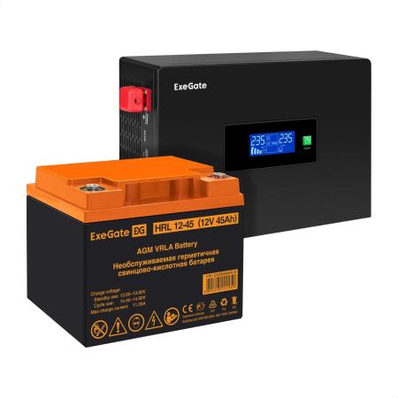 Комплект ИБП EX295992RUS + батарея 45Aч EX285666RUS 1шт (инвертор, синус, для котла, PF=1, настенный) ExeGate IdealSine SR-600.LCD.2SH <600VA/600W, чистая синусоида, цветной LCD-дисплей, 2*Schuko, крепление настенное, Black> + батарея ExeGate HRL 12-45 (12В, 45Ач) 1шт