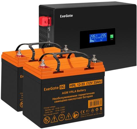 Комплект ИБП EX295994RUS + батарея 33Aч EX285664RUS 2шт (инвертор, синус, для котла, PF=1, настенный) ExeGate IdealSine SR-1500.LCD.2SH <1500VA/1500W, чистая синусоида, цветной LCD-дисплей, 2*Schuko, крепление настенное, Black> + батарея ExeGate HRL 12-33 (12В, 33Ач) 2шт