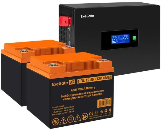 Комплект ИБП EX295994RUS + батарея 45Aч EX285666RUS 2шт (инвертор, синус, для котла, PF=1, настенный) ExeGate IdealSine SR-1500.LCD.2SH <1500VA/1500W, чистая синусоида, цветной LCD-дисплей, 2*Schuko, крепление настенное, Black> + батарея ExeGate HRL 12-45 (12В, 45Ач) 2шт