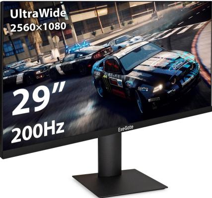 Монитор игровой 200 Гц 29" ExeGate Combat EC1500 (IPS LED Grade A+, 2K, 2560x1080@200Гц (WFHD), 21:9, 250 cd/m2, 1000:1, 178°/178°, 1ms, Speakers, 2xHDMI2.0, 2xDisplayPort, audio-out, RGB-подсветка, FreeSync, Low Blue Light, кабель DP 1.5м, VESA 75x75, регулировка высоты (HAS), регулировка наклона (tilt), поворот экрана (swivel), черный)