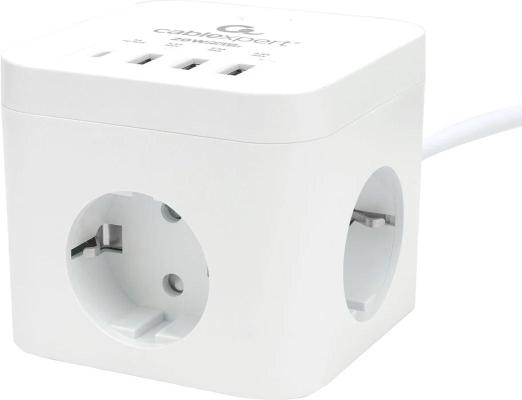 Cablexpert Сетевой фильтр cube, 3р, 10а, 1xtype-c pd, 3xusb, 1.5м, ур.защиты 4+, белый, коробка, CUBE-3-CU3-W-1.5
