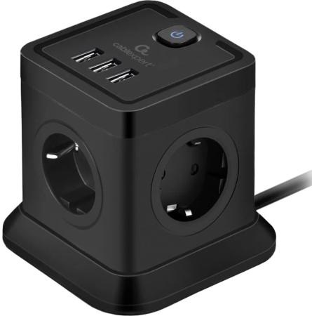 Cablexpert Сетевой фильтр Tower 4р, 10А, 3xUSB, 3.1А, 2м, ур.защиты 2+, черный, коробка, TWR-4-U3-B-2