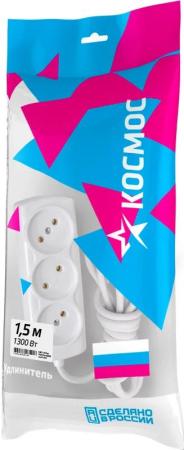 КОСМОС Удлинитель 6А 3 гн ПВС 2*0,75 1,5м Р16-010 Россия YKsm1.5m-3g 6A S