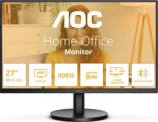 МОНИТОР 27" AOC U27B3M Black (4K, VA, 3840x2160, 4 ms, 178°/178°, 300 cd/m, 20M:1, +2xHDMI 2.0, +DisplayPort 1.4, +MM)