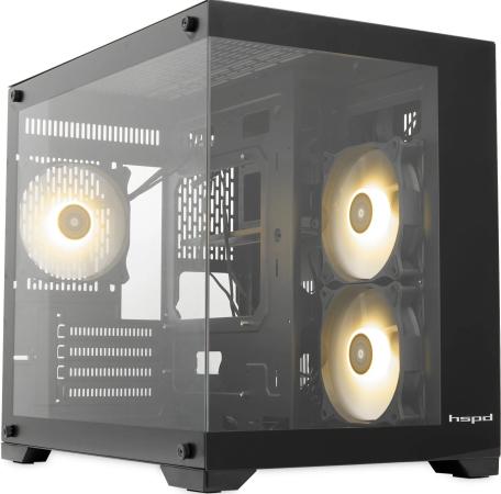 Корпус без блока питания/ HSPD F330, Panoramic Mini-tower, Black, TG, 0.5 SPCC, 3x120mm ARGB mATX, mITX 160/400/200mm 1x2.5", 2x3.5", 4xPCI 1xUSB-C 3.0, 2xUSB-A1.0 428x280x375mm