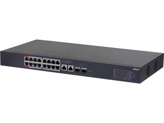 DAHUA 16-портовый гигабитный PoE коммутатор с функцией облачного управления Порты: 16 RJ45 10/100/1000Мбит/с (PoE/PoE+/Hi-PoE),  2 RJ45 10/100/1000Мбит/с (uplink), 2 SFP 1000Мбит/с (uplink); мощность