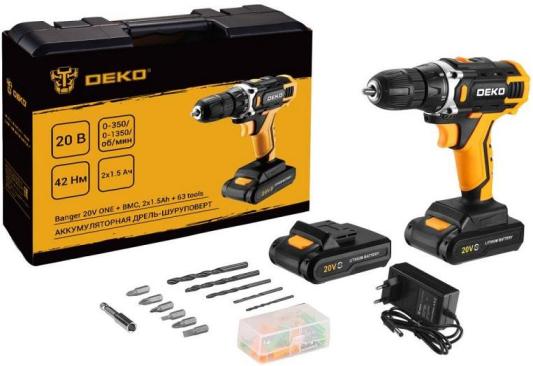 Deko Banger 20V ONE + в кейсе + набор 63 инструмента для дома, 20В, 2х1.5Ач 083-1043