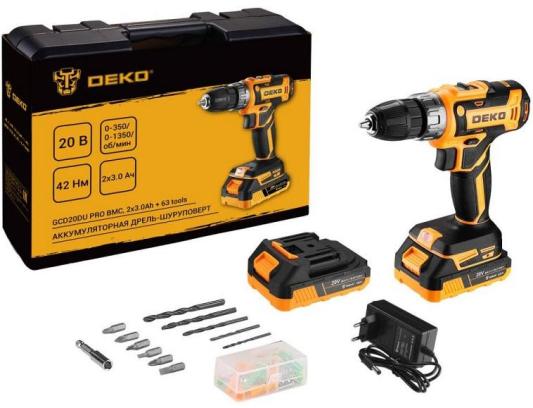 Deko GCD20DU PRO в кейсе + набор 63 инструмента для дома, 20В, 2х3.0Ач 083-1039
