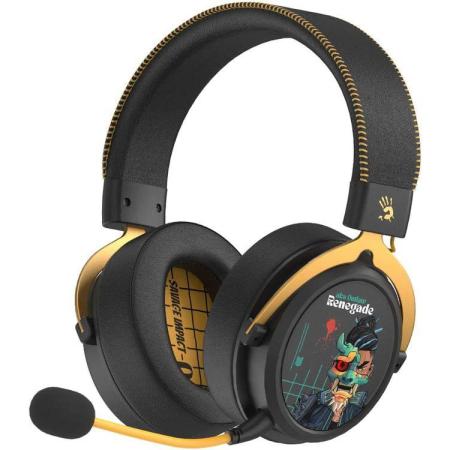 Гарнитура игровая A4TECH Bloody MR595 Renegade,  для компьютера и игровых консолей, мониторные,  Bluetooth/радио, черный  / рисунок