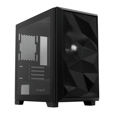 Корпус без блока питания/ Case HSPD M340, Mesh Mid Tower, Black, TG, 0.5 SPCC, no fans, mATX, mITX, 165/350/200mm, 2x2.5", 2x3.5", 4xPCI, 1xUSB-A 3.0, 2xUSB-A 2.0, 415x220x410mm