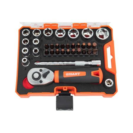 Gigant набор: биты 20 шт, торцовые головки-12шт, трещотка 1/4-1шт, адаптер для бит SQ 1/4"хHex 1/4",удлинитель 1/4"/90мм , GSBR-1/4