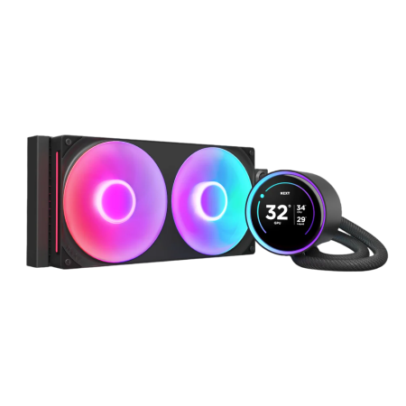 Система жидкостного охлаждения для ПК/ Water Cooling System NZXT Kraken Elite 280 RGB (250W, 280mm, LED temp., Black/ Fans: 2x140mm, 98.61CFM, 34.5dBA, 2000RPM/ Pump height 65mm, 2800RPM, Rad thickness 27mm/ S: 1851, 1700, 1200, 115X, AM5, AM4)