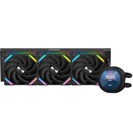 Водяное охлаждение для процессора/ Water Cooling System SAMA Q70 Black (360mm, LED temp., Black, ARGB/ Fans: 3x120mm, 86CFM, 30dBA, 2600RPM/ Pump height 64mm, 30dBA, 2800RPM, Rad thickness 27mm/ S: 1851, 1700, 1200, 20XX, 115X, AM5, AM4)