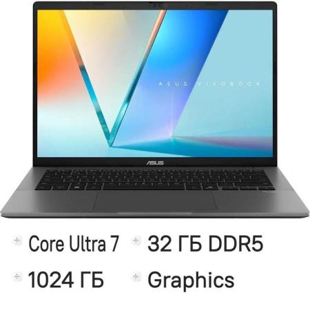 Ноутбук ASUS VivoBook S14 S3407CA-LY134, 14", IPS, Intel Core Ultra 7 255H 2ГГц, 16-ядерный, 32ГБ DDR5, 1ТБ SSD,  Intel Graphics, без операционной системы, серый [90nb16j2-m00a30]