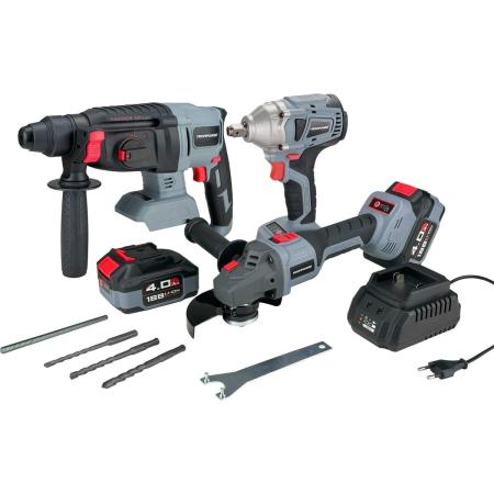 Profipower Аккумуляторный бесщеточный НАБОР 3в1 УШМ MKDGA-18V, гайковерт MKDTW-18V, перфоратор MKDHR-18V (Li-ion-2шт 18В, 4.0Ач, З/У) E0095