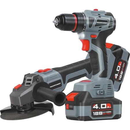 Profipower Аккумуляторный бесщеточный НАБОР 2в1 Тип-2 УШМ MKDGA-18V и шуруповерт MKBL-18B (Li-ion-2шт 18В, 4.0Ач, З/У) E0220