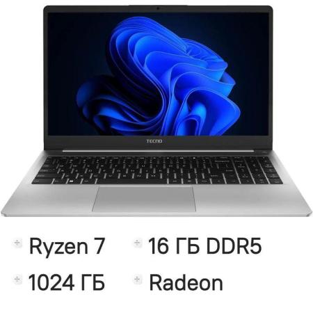 Ноутбук TECNO MegaBook K15SFA 15.6", IPS, AMD Ryzen 7 7735HS 3.2ГГц, 8-ядерный, 16ГБ LPDDR5, 1ТБ SSD,  AMD Radeon  680M, Windows 11 Home, серебристый [71005000540]