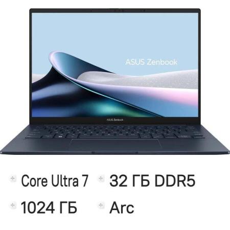Ноутбук ASUS Zenbook 14 UX3405CA-ST1353, 14", OLED, Intel Core Ultra 7 255H 2ГГц, 16-ядерный, 32ГБ LPDDR5x, 1ТБ SSD,  Intel Arc  140T, без операционной системы,  синий [90nb14w1-m01zr0]