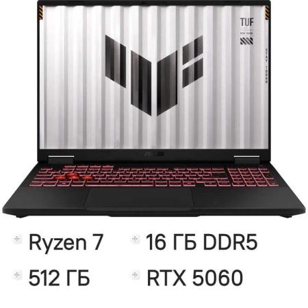 Ноутбук игровой ASUS TUF Gaming A16 FA608UMI-TU172, 16", 2025, IPS, AMD Ryzen 7 260 3.8ГГц, 8-ядерный, 16ГБ DDR5, 512ГБ SSD,  NVIDIA GeForce  RTX 5060 для ноутбуков - 8 ГБ, TGP 115Вт,  без операционной системы,  серый [90nr0kv1-m00bc0]