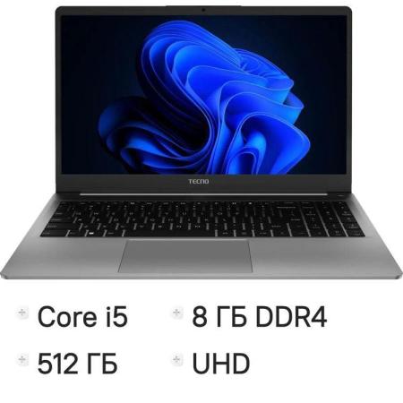 Ноутбук TECNO MegaBook K15SRA, 15.6", IPS, Intel Core i5 13420H 2.1ГГц, 8-ядерный, 8ГБ 512ГБ SSD,  Intel UHD Graphics, Windows 11 Home,  серый [71005000465]