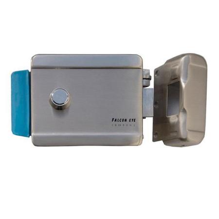 Накладной электромеханический замок Falcon Eye FE-2370 (хромированный), универсальный, цилиндр + три ключа, без блокировки кнопки выхода, 142х105х35,