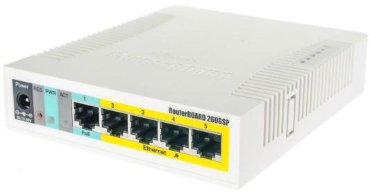 Коммутатор MikroTik CSS106-1G-4P-1S RB260GSP  with 5 Gigabit ports and SFP cage, SwOS, plastic case, PSU, POE-OUT