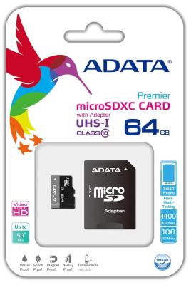 Карта памяти Micro SDXC 64Gb Class 10 A-Data AUSDX64GUICL10-RA1 + адаптер SD