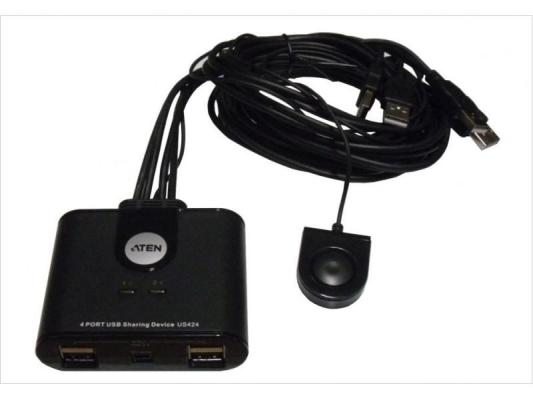 Переключатель KVM ATEN US424-A USB, 4 ПК 2 устройства + клавиатура + мышь, 4 USB A-тип  4 USB A-тип, Male  Female, со встроен. шнурами 2х1.2м.+2х1.8м