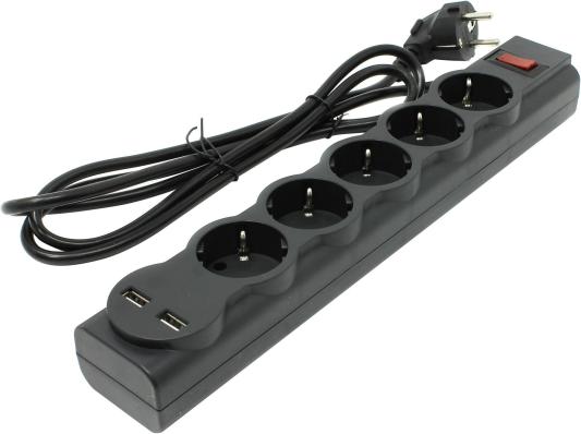 Сетевой фильтр Defender DFS 753 черный 3,0 м, 5 розеток, 2xUSB, 2.1A