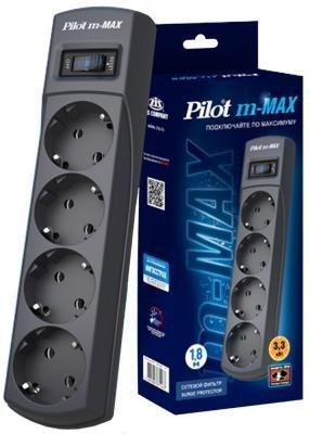 Surge protector Pilot m Max 4 euro outlets, 15А/3.3кВа, 1.8m, black