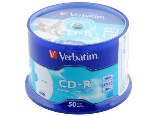 Диски CD-R Verbatim 700Mb 52x CakeBox 50шт Printable 43309/43438