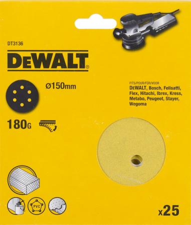 Круг фибровый DeWALT DT3136-QZ  для эксц.шлифмашин, 150мм, 6 отв., 180G, 25шт.